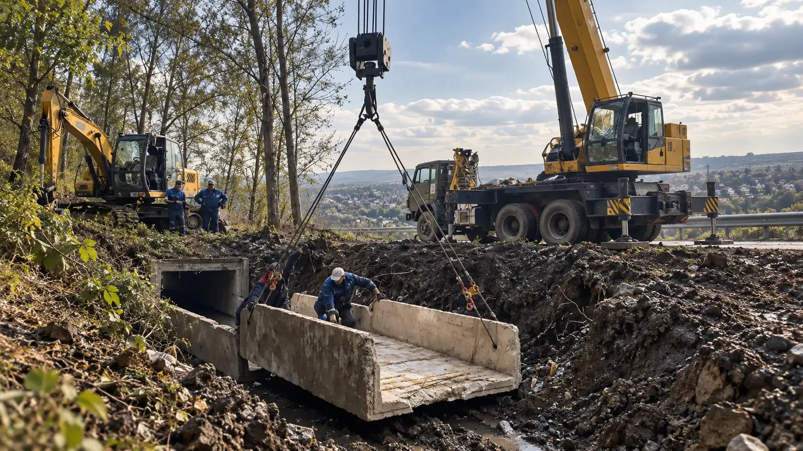 На улице Пригородной в Мостовой монтируют водоотвод для защиты склона от размыва